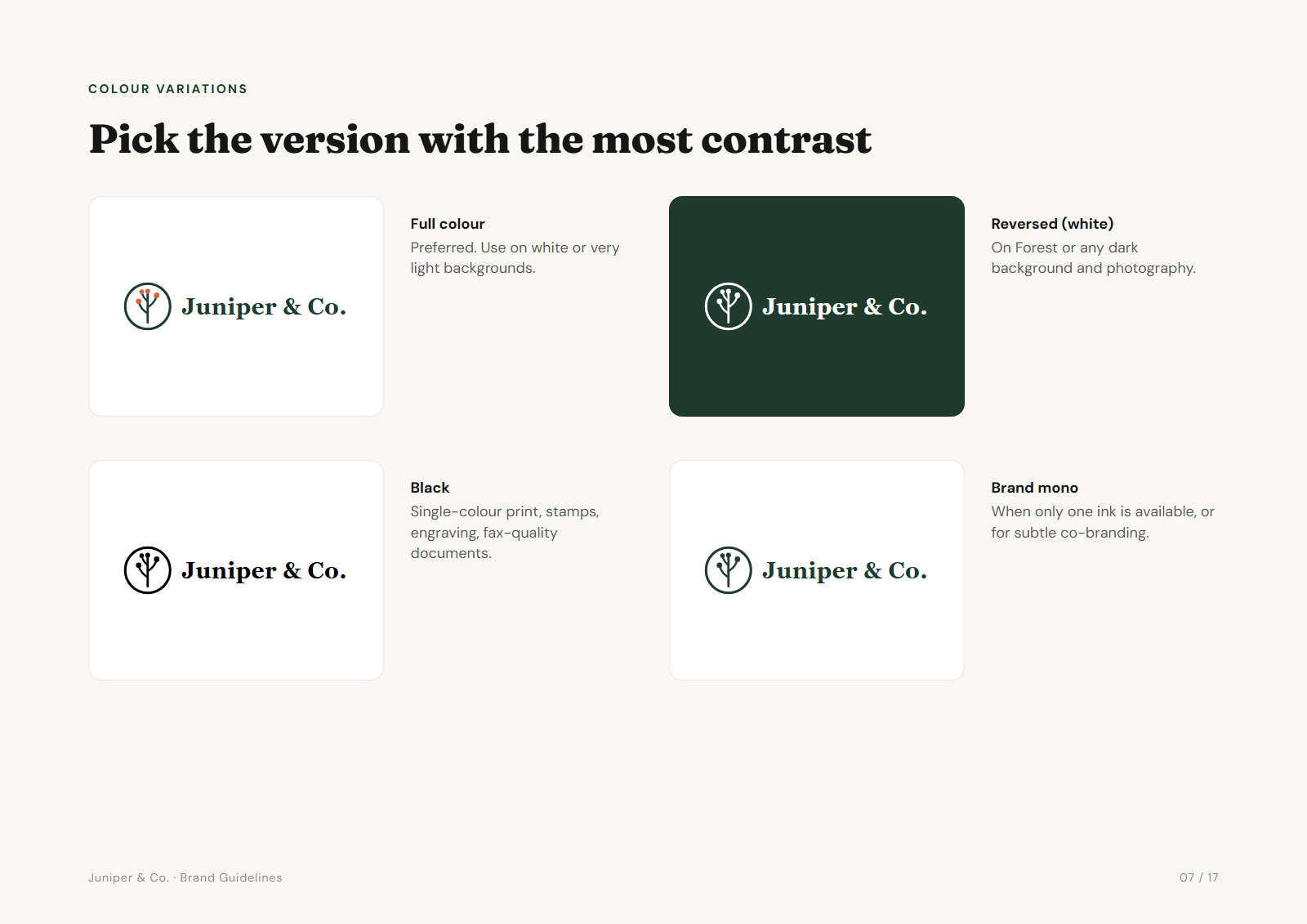 Brand guidelines page showing a logo in full colour, reversed white on dark green, black, and one-colour brand green