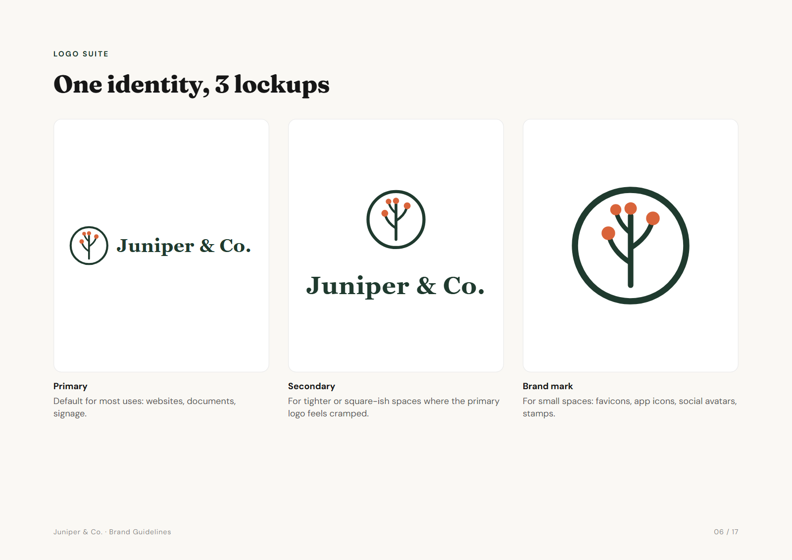 Guidelines page showing three lockups of one logo: horizontal primary, stacked secondary and the circular brand mark alone