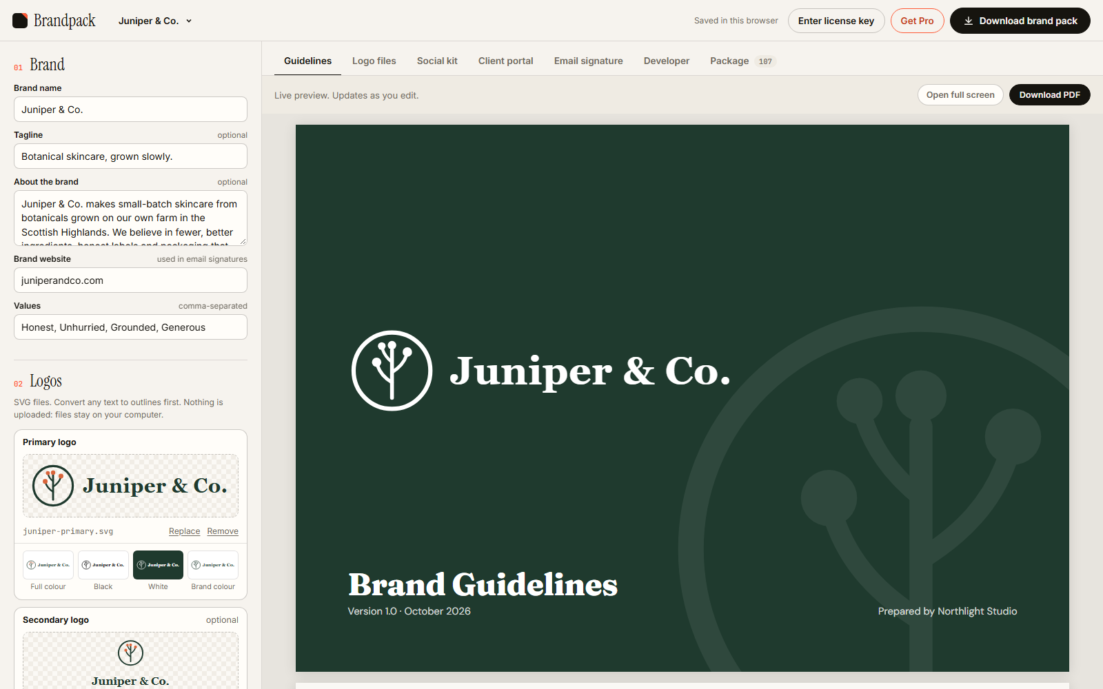The Brandpack app: logo SVGs and brand colours on the left, a live preview of the generated brand guidelines and logo variations on the right